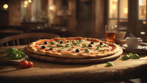 Una deliziosa pizza appena sfornata si trova su un tavolo di legno rustico