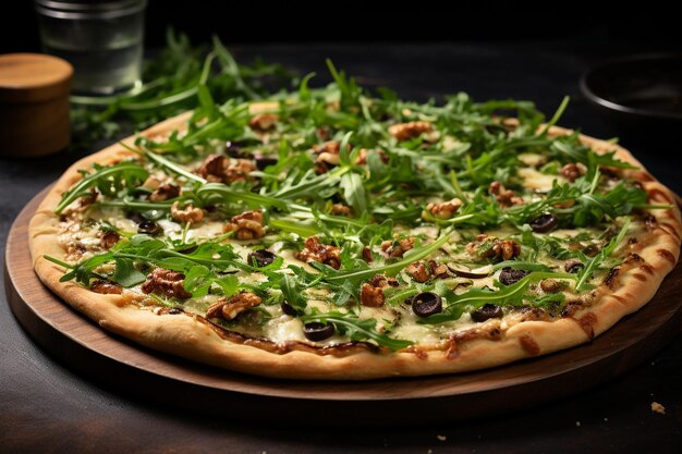 Una deliziosa pizza con arugula e olive.