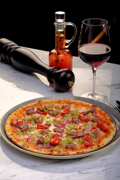 Una deliziosa pizza con un bicchiere di vino rosso al ristorante