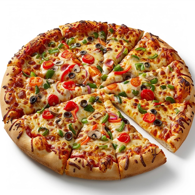 Una deliziosa pizza con uno sfondo bianco.