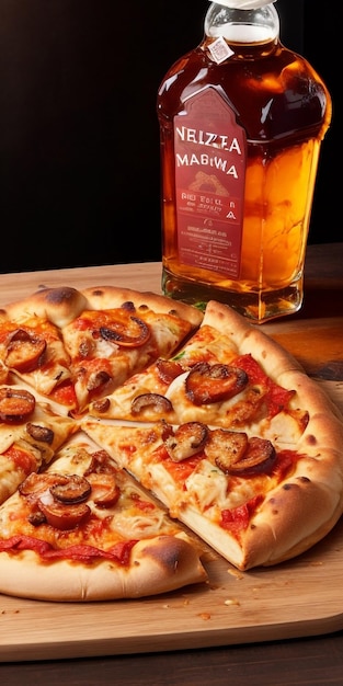 una deliziosa pizza di carne accompagnata da un bicchiere di whisky con ghiaccio