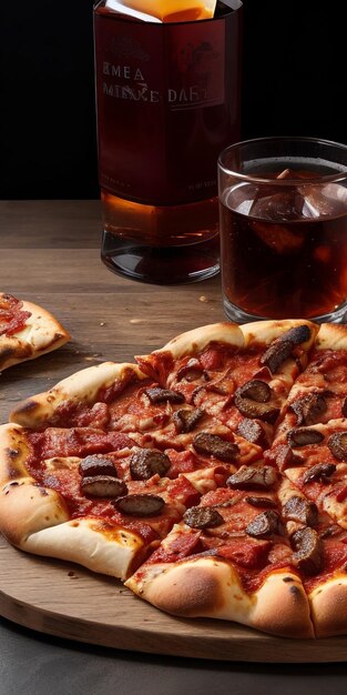 una deliziosa pizza di carne accompagnata da un bicchiere di whisky con ghiaccio