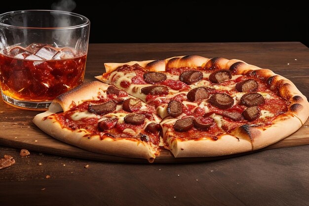 una deliziosa pizza di carne accompagnata da un bicchiere di whisky con ghiaccio