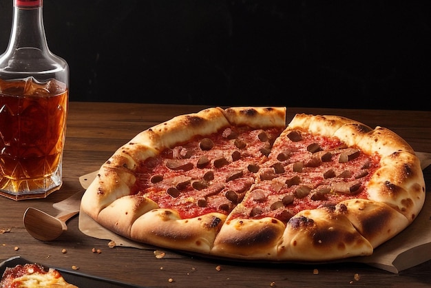 una deliziosa pizza di carne accompagnata da un bicchiere di whisky con ghiaccio