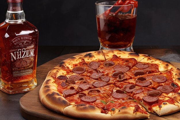 una deliziosa pizza di carne accompagnata da un bicchiere di whisky con ghiaccio