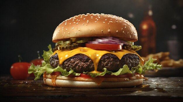 Una deliziosa rappresentazione artistica di un enorme e succoso hamburger realizzato in uno stile iperrealistico