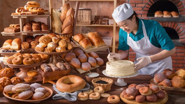 Una deliziosa scena di panetteria che mostra una serie di prodotti appena cotti