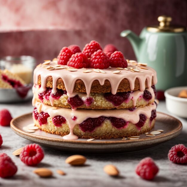 Una deliziosa torta al forno al lampone con strati di spugna soffice e marmellata di lampone piccante