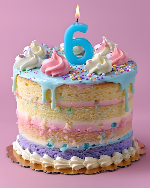 Una deliziosa torta di compleanno con la candela numero 6 Sei anni