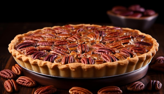 Una deliziosa torta di noci fatte in casa con una crosta dorata su un affascinante sfondo di legno rustico