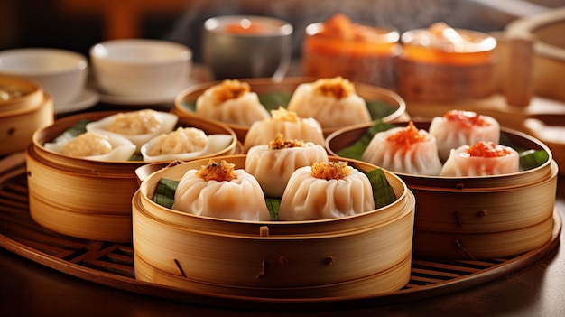 Una deliziosa varietà di dim sum servita su allettanti cesti di bambù