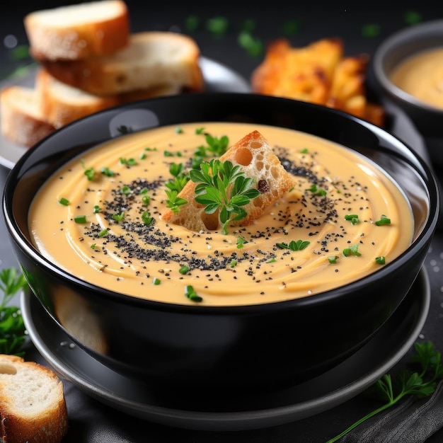 Una deliziosa zuppa con pane nei toni nero e beige.