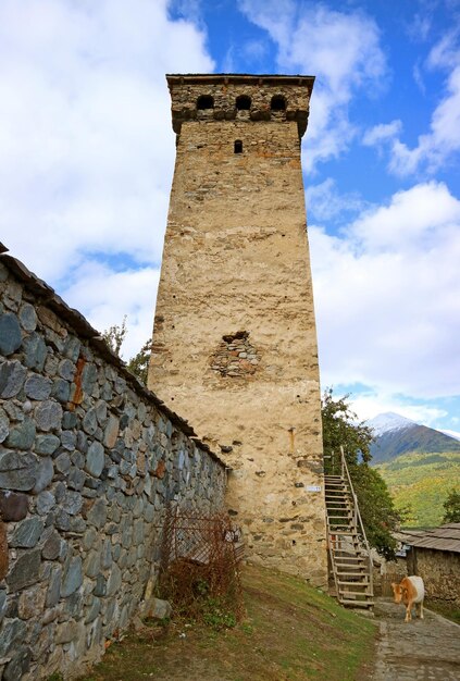 Una delle storiche case a torre di Svan nel villaggio di Mestia, nella regione di Svaneti, in Georgia