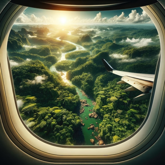 una densa foresta pluviale vista attraverso una finestra di un aereo