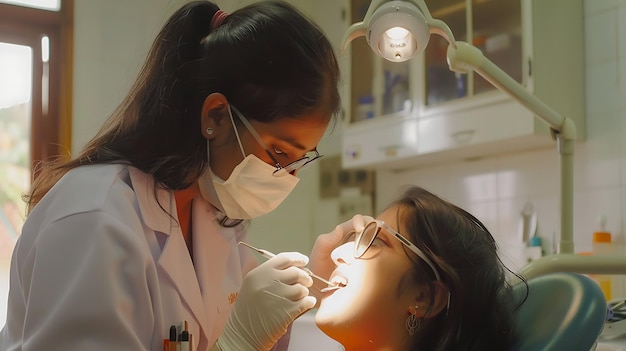 Una dentista donna che indossa una maschera e guanti esamina i denti di un paziente con uno specchio dentale ed un esploratore nella sua clinica dentale