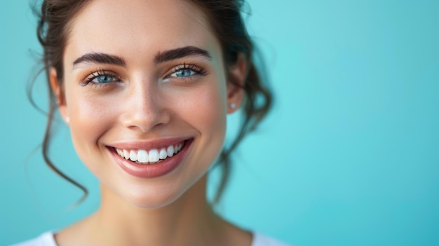 Una dentista donna è mostrata sorridendo mentre tiene uno spazzolino da denti in bocca contro un blu