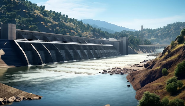 Una diga che trattenne il flusso d'acqua in un giorno d'estate