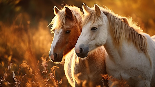 Una dimostrazione di tenerezza tra bellissimi cavalli in natura al tramonto Agricoltura e cura dei cavalli