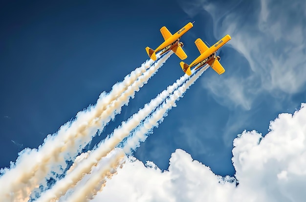 Una dimostrazione dinamica di abilità e precisione mentre gli aerei eseguono acrobazie aeree contro un cielo blu limpido