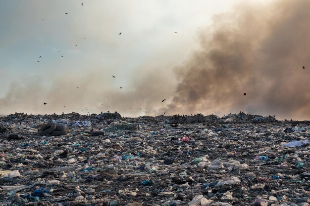 Una discarica con un cielo fumoso sullo sfondo.