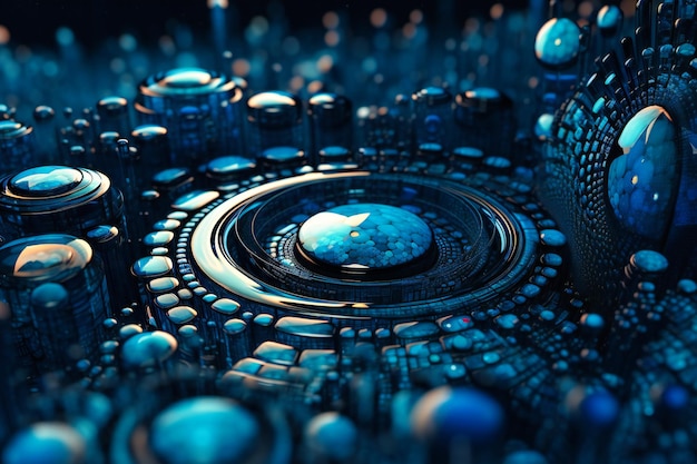 Una disposizione astratta di cerchi mezzitoni blu che creano un'esperienza visiva accattivante e futuristica