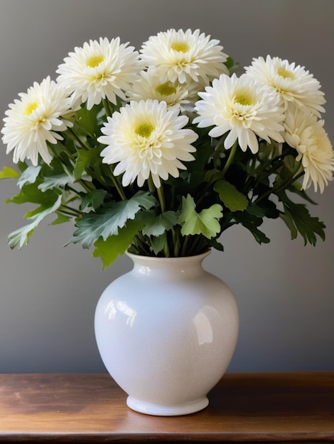 Una disposizione circolare di crisantemi bianchi in un vaso d'epoca