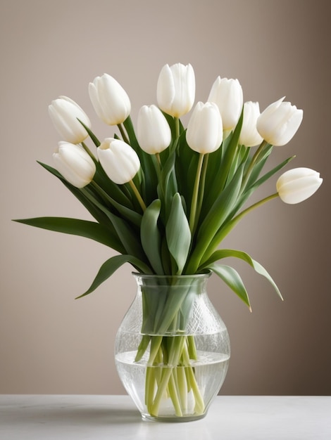 Una disposizione circolare di tulipani bianchi in un vaso vintage