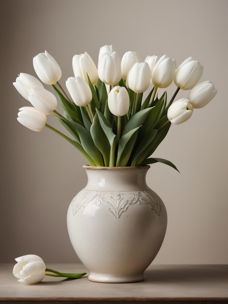 Una disposizione circolare di tulipani bianchi in un vaso vintage