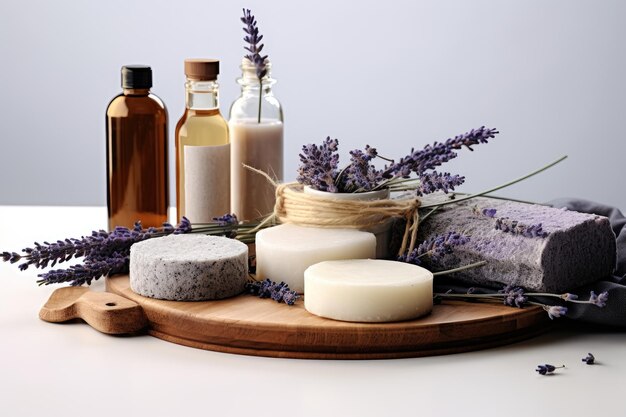 Una disposizione dei cosmetici organici compreso i sali da bagno fatti a mano delle saponette con la lavanda secca bu