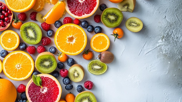 Una disposizione di frutti vibranti in una pianura piatta tra cui arance, bacche e kiwi che creano un ref