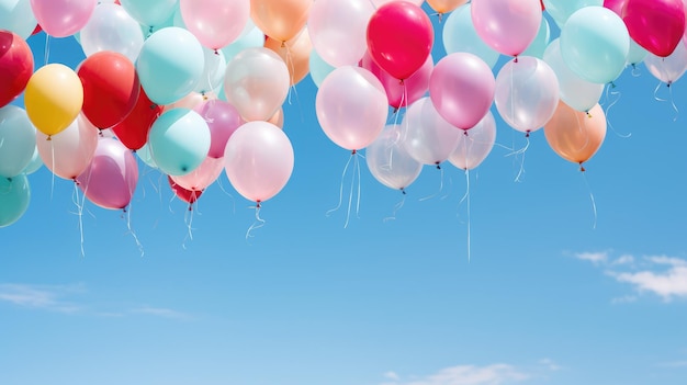 una disposizione giocosa di palloncini colorati che galleggiano contro un cielo blu chiaro