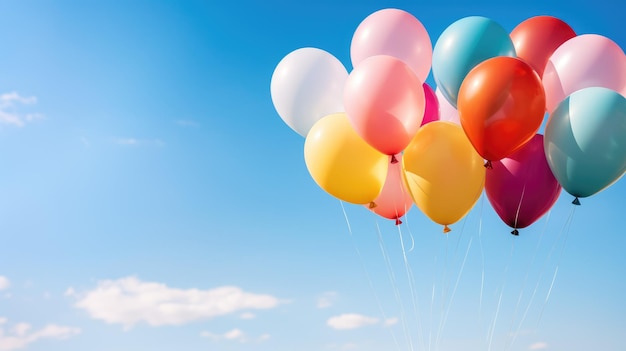una disposizione giocosa di palloncini colorati che galleggiano contro un cielo blu chiaro