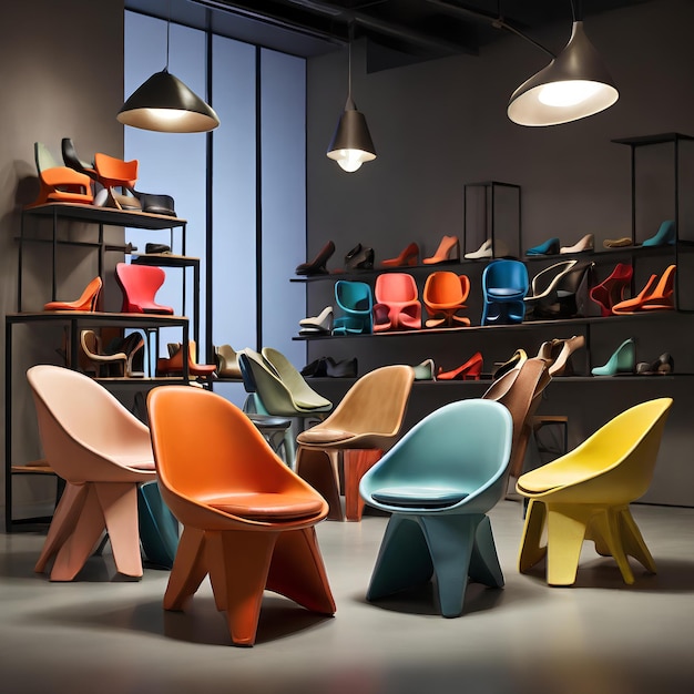Una disposizione giocosa e inventiva di mobili mostra sedie in piedi su scarpe