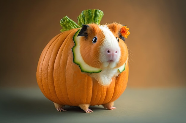 Una divertente cavia vestita da zucca