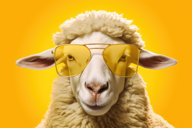 Una divertente testa di pecora con occhiali da sole su uno sfondo giallo soleggiato ideale per rappresentazioni a tema estivo IA generativa