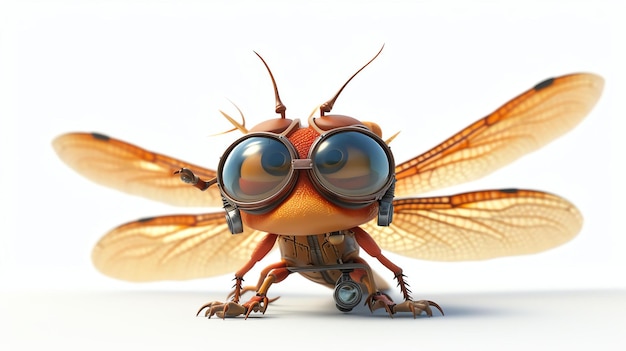 Una dolce libellula che indossa una macchina fotografica è sospesa nell'aria le sue ali sono spalancate e i suoi occhi sono grandi e rotondi