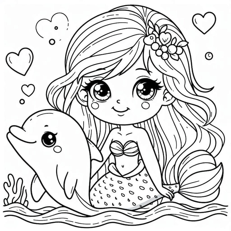 Una dolce sirena con un delfino da colorare per bambini ai generato