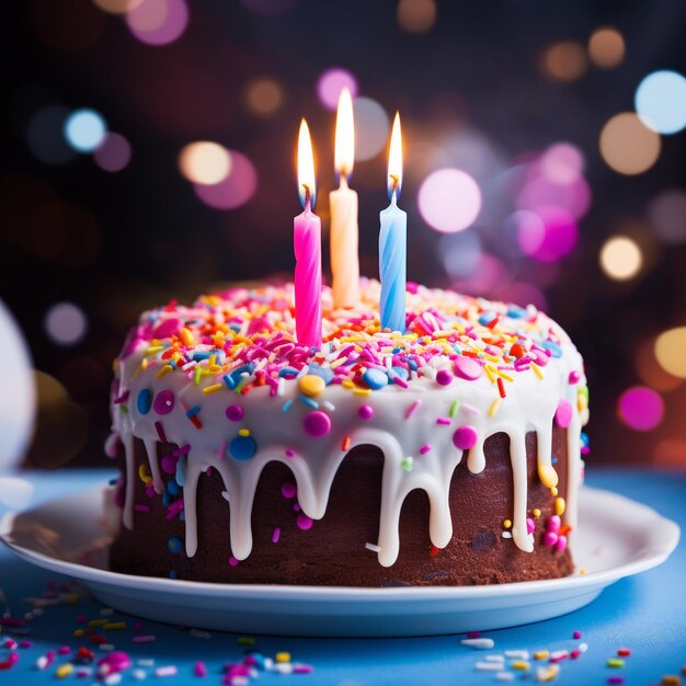 una dolce torta di compleanno con candele bruciate e strisce colorate AI generativa