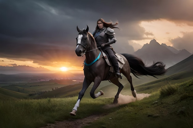 Una donna a cavallo con una montagna sullo sfondo