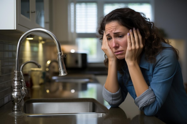 Una donna abbandonata al lavello della cucina sembra preoccupata per un problema idraulico