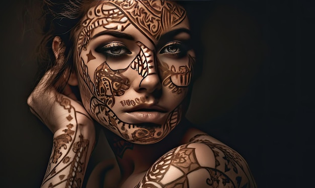 Una donna accattivante si è adornata il viso con splendidi disegni ispirati ai tatuaggi, creando utilizzando strumenti di intelligenza artificiale generativa