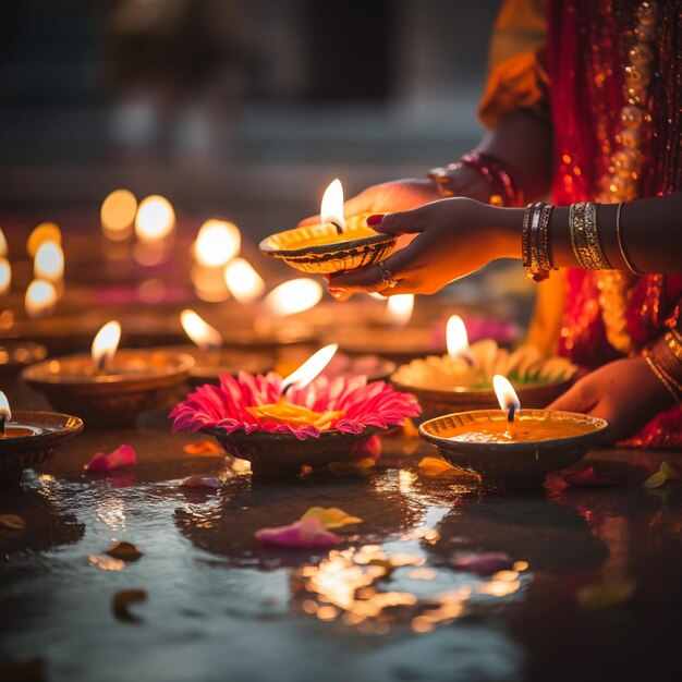 Una donna accende una candela in un tempio.