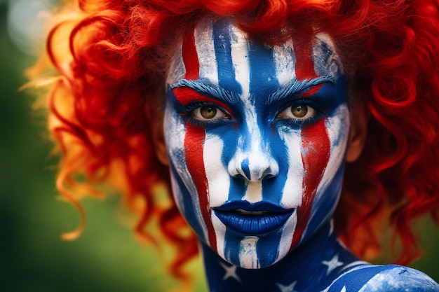 Una donna adornata di pittura per il viso nei vivaci colori della bandiera americana