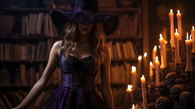 Una donna adulta si veste da strega e posa in una biblioteca decorata con zucche Halloween
