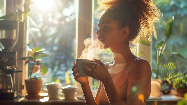 Una donna africana beve una tazza di caffè nella sua sala da pranzo dopo aver lavorato fuori il sole è luminoso e lo spazio AI generativa