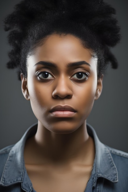 una donna africana con capelli afro molto corti e una camicia di jeans AI generativa