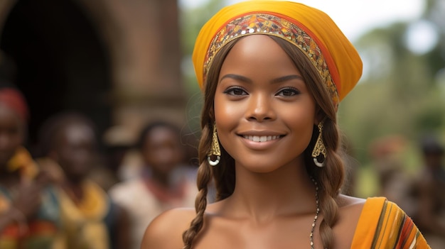 Una donna africana con un velo vibrante che irradia bellezza e orgoglio culturale