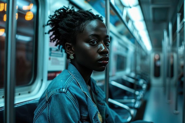 Una donna africana con una faccia seria si siede su un treno della metropolitana abbandonato una giovane donna stanca che va in metropolitana a tarda ora