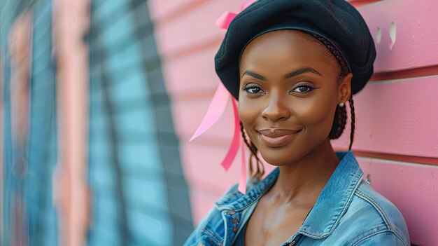 Una donna africana elegante che sorride in un ambiente urbano