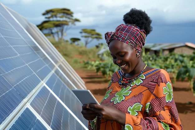 Una donna africana gioiosa che usa un tablet digitale accanto a pannelli solari in un ambiente rurale